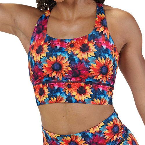 colorful sunflower patterned sports bra