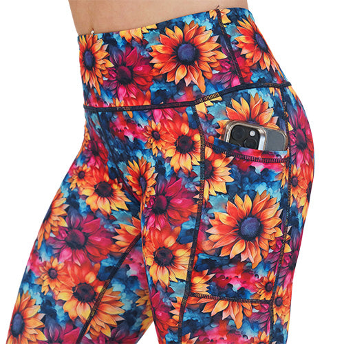 side pocket on the colorful sunflower patterned leggings