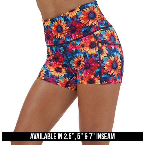 colorful sunflower patterned shorts available inseams