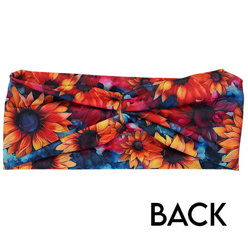 back of the colorful sunflower patterned headband