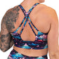 back of the snowy mountain patterned sports bra