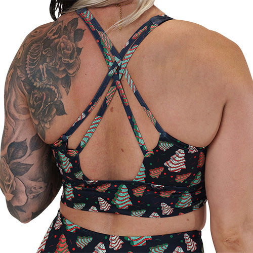 back of the Christmas tree print sports bra