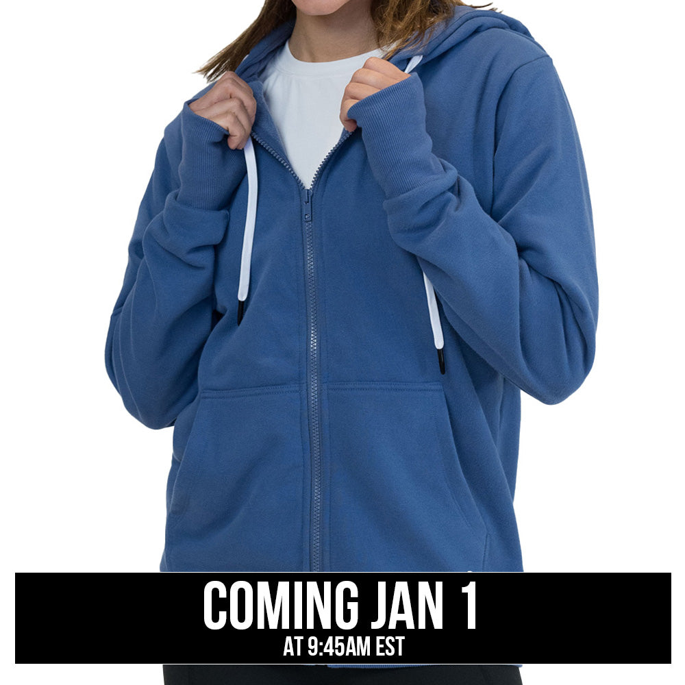 blue zip up sweatshirt coming soon