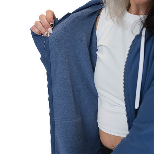 inside of the blue zip up sweatshirt