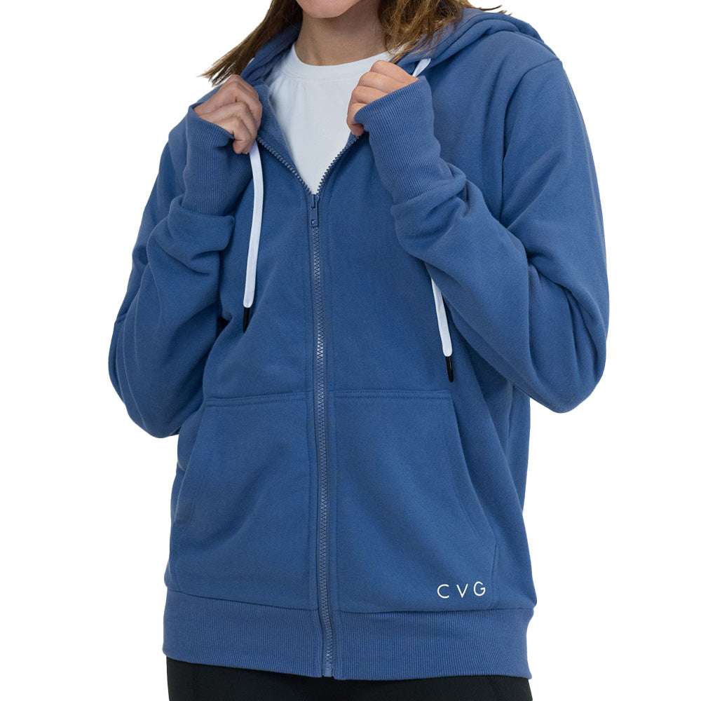 blue zip up sweatshirt