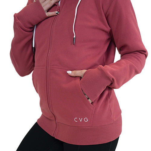 pockets on the dark pink zip up sweatshirt 