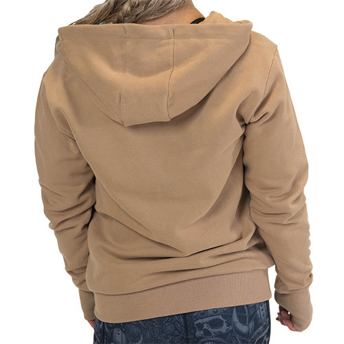 back of the sand colored zip up sweatshirt