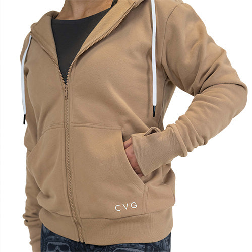 sand colored zip up sweatshirt