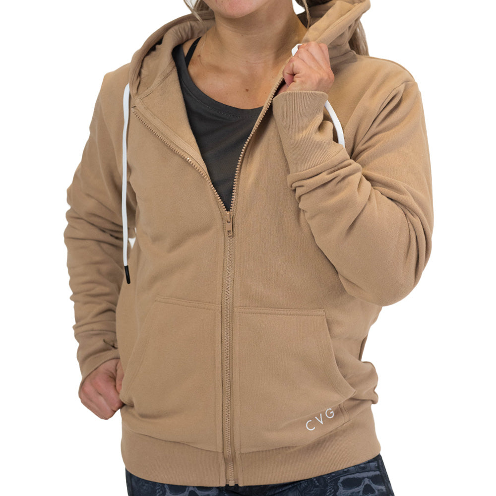 sand colored zip up sweatshirt