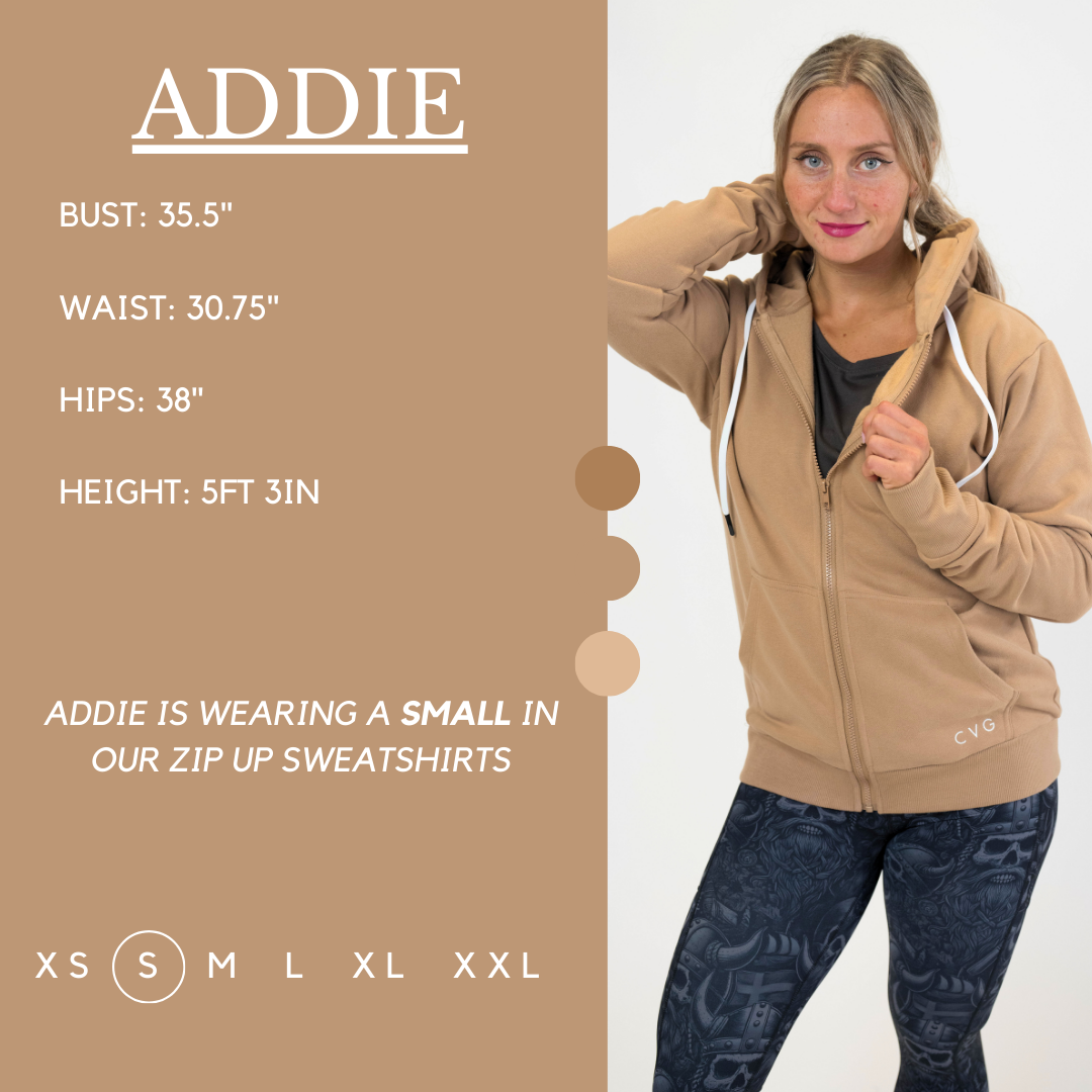 Model’s measurements of 35.5” bust, 30.75” waist, 38” hips and height of 5 ft 3 inches. She is wearing a size small in our zip up sweatshirt