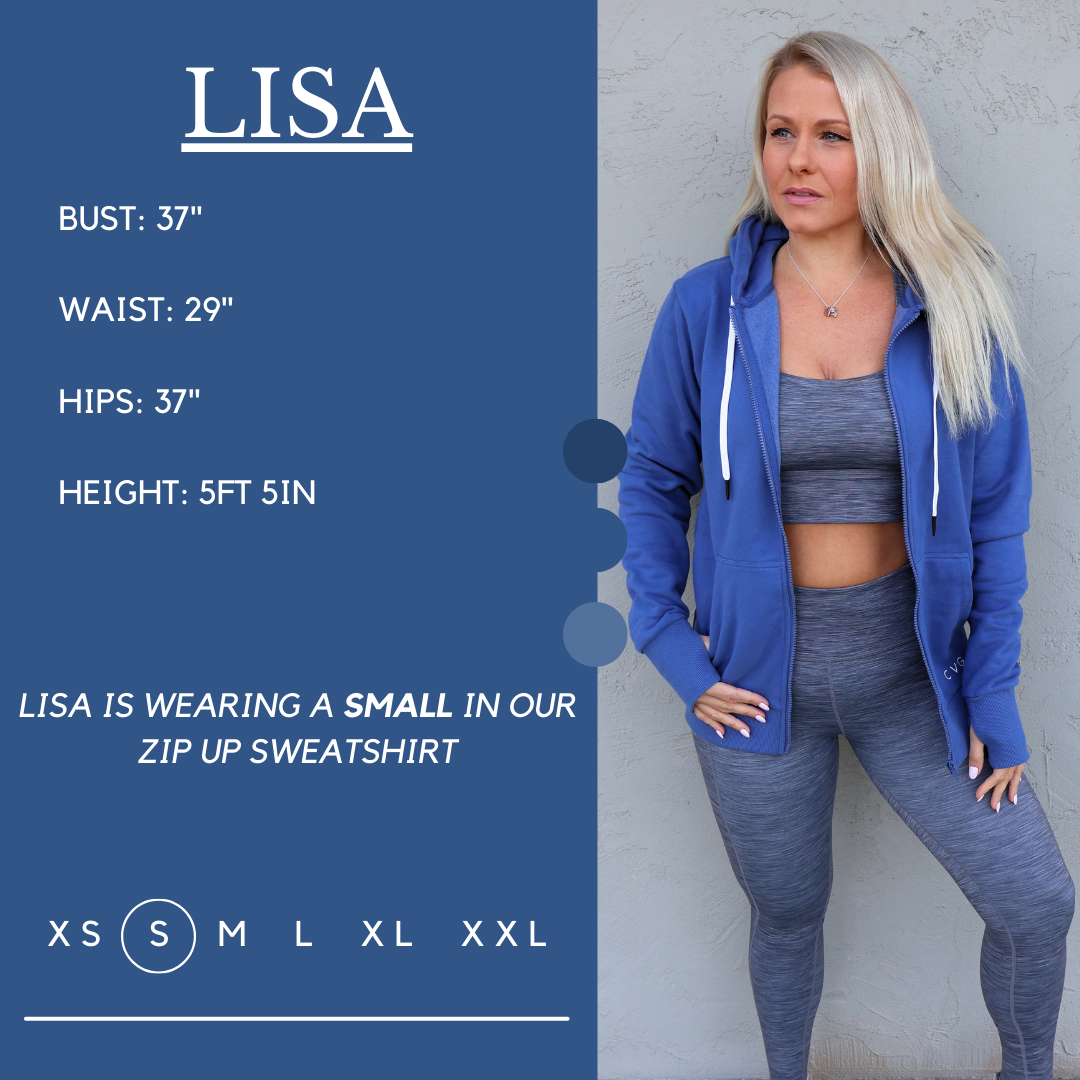 Model’s measurements of 37” bust, 29” waist, 37” hips and height of 5 ft 5 inches. She is wearing a size small in our zip up sweatshirt