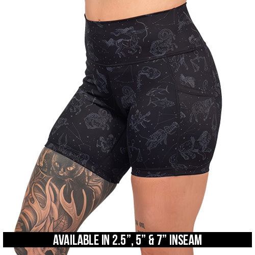 zodiac print shorts available in 2.5, 5 & 7 inch inseams