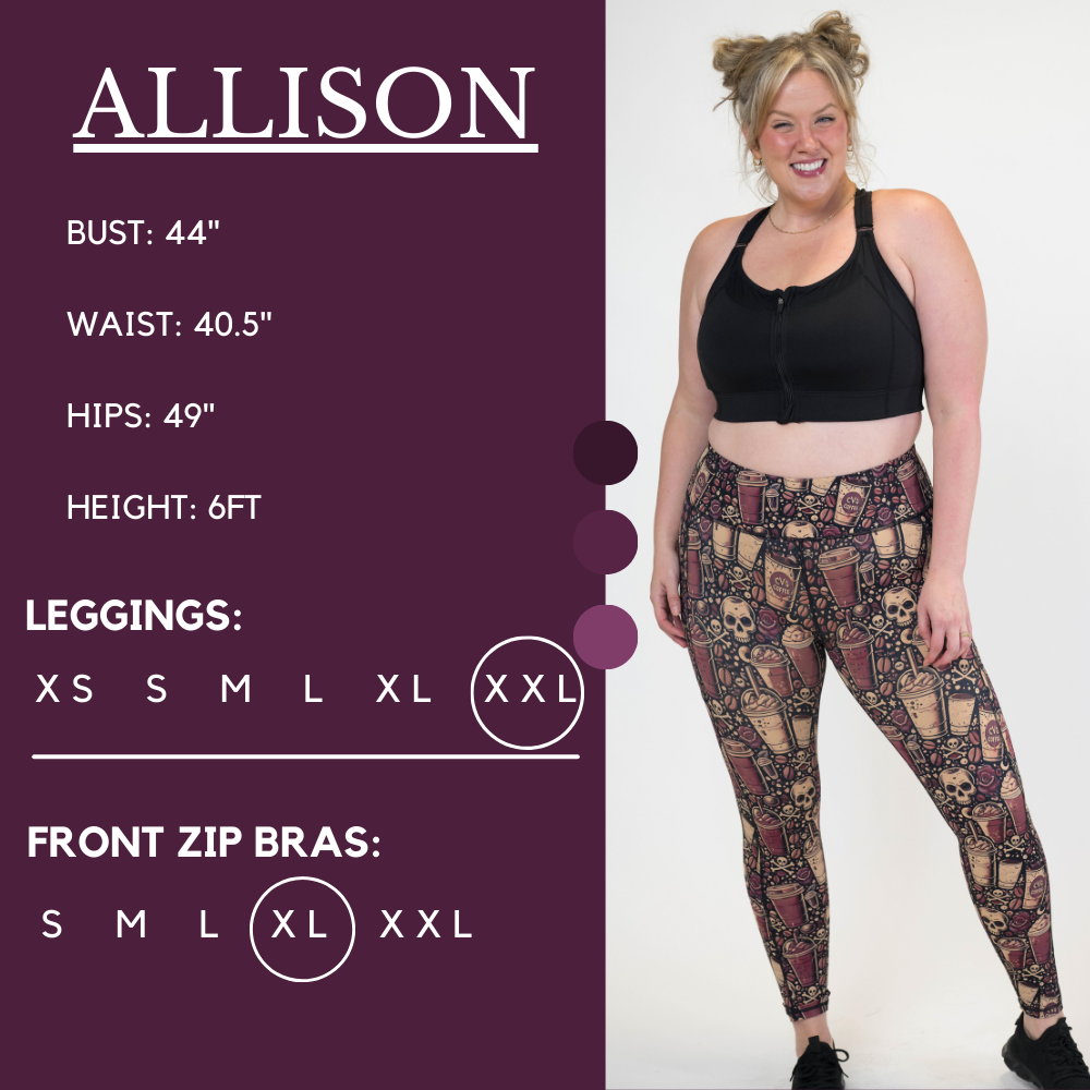 Model’s measurements of 44” bust, 40.5” waist, 49” hips and height of 6 ft. She is wearing a size xx-large in our leggings