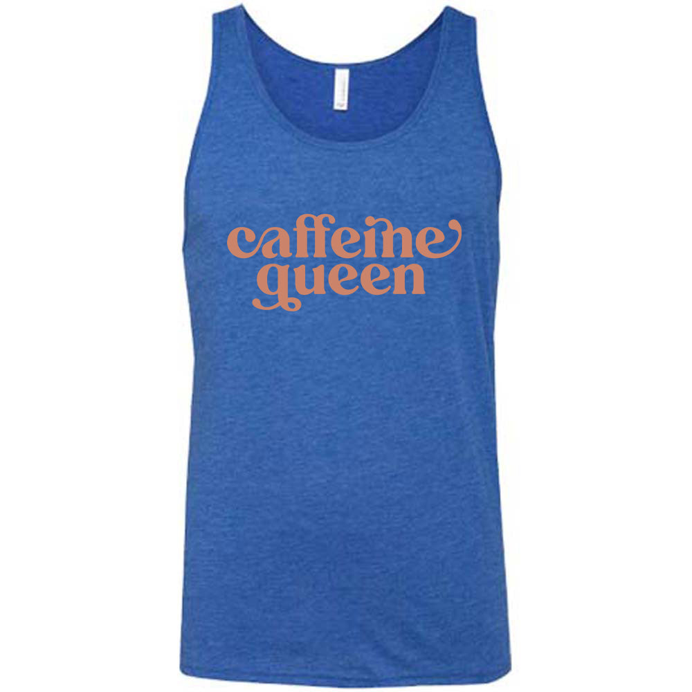 blue shirt with the text "Caffeine Queen" on it