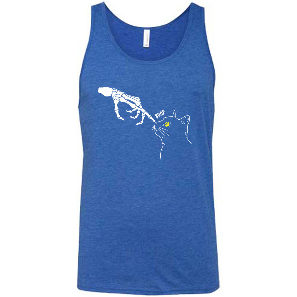 blue shirt with a skeleton hand tapping a cats nose graphic