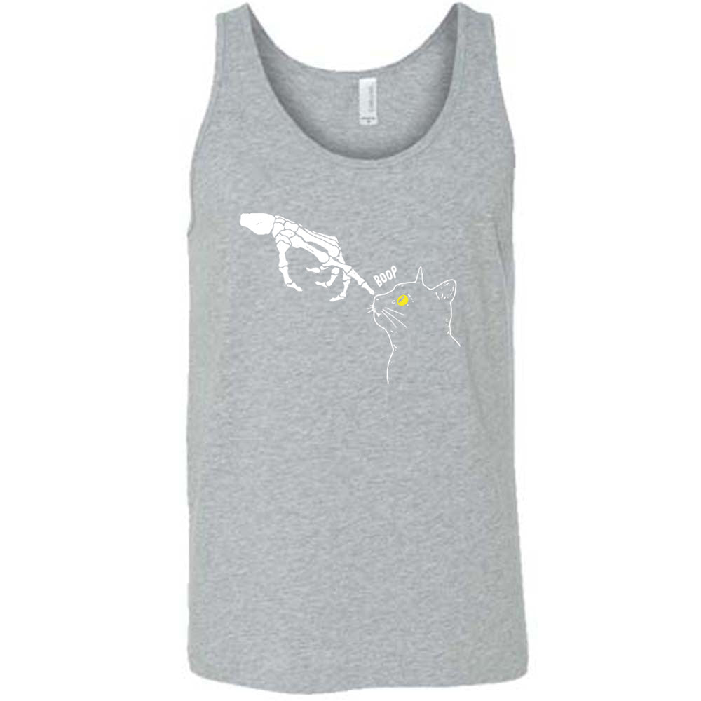 grey shirt with a skeleton hand tapping a cats nose graphic