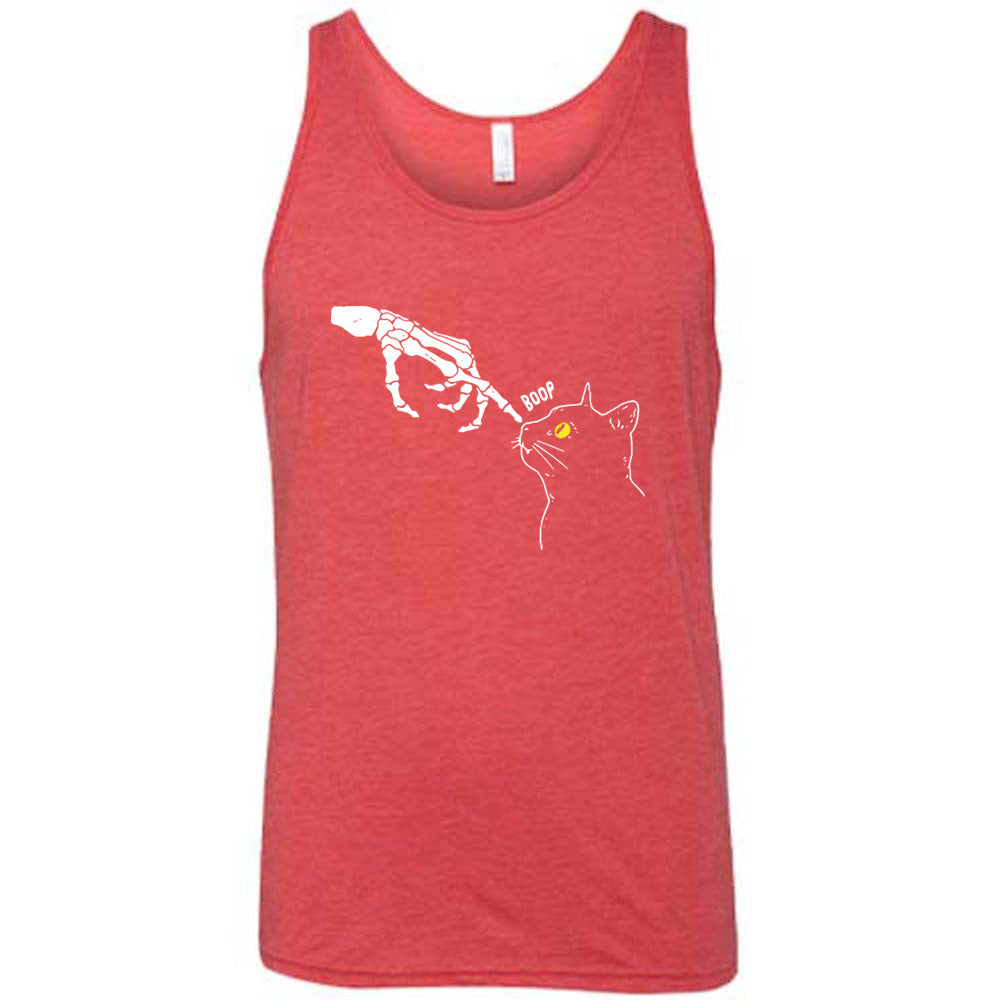 red shirt with a skeleton hand tapping a cats nose graphic