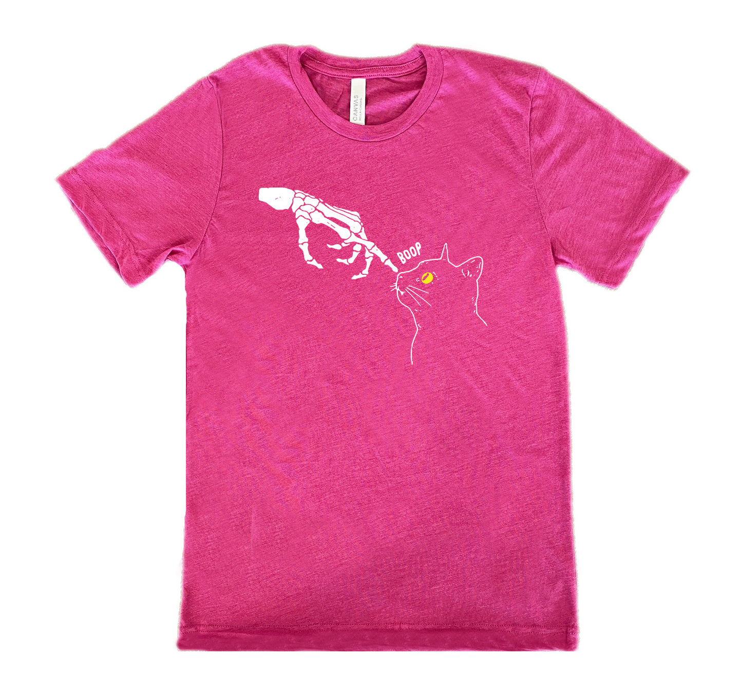 berry shirt with a skeleton hand tapping a cats nose graphic