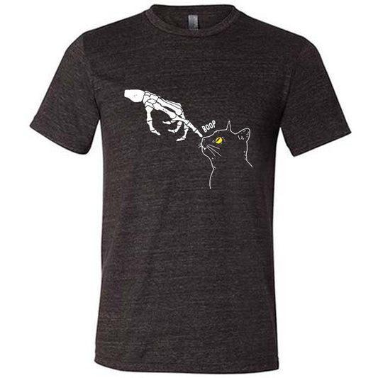 black shirt with a skeleton hand tapping a cats nose graphic