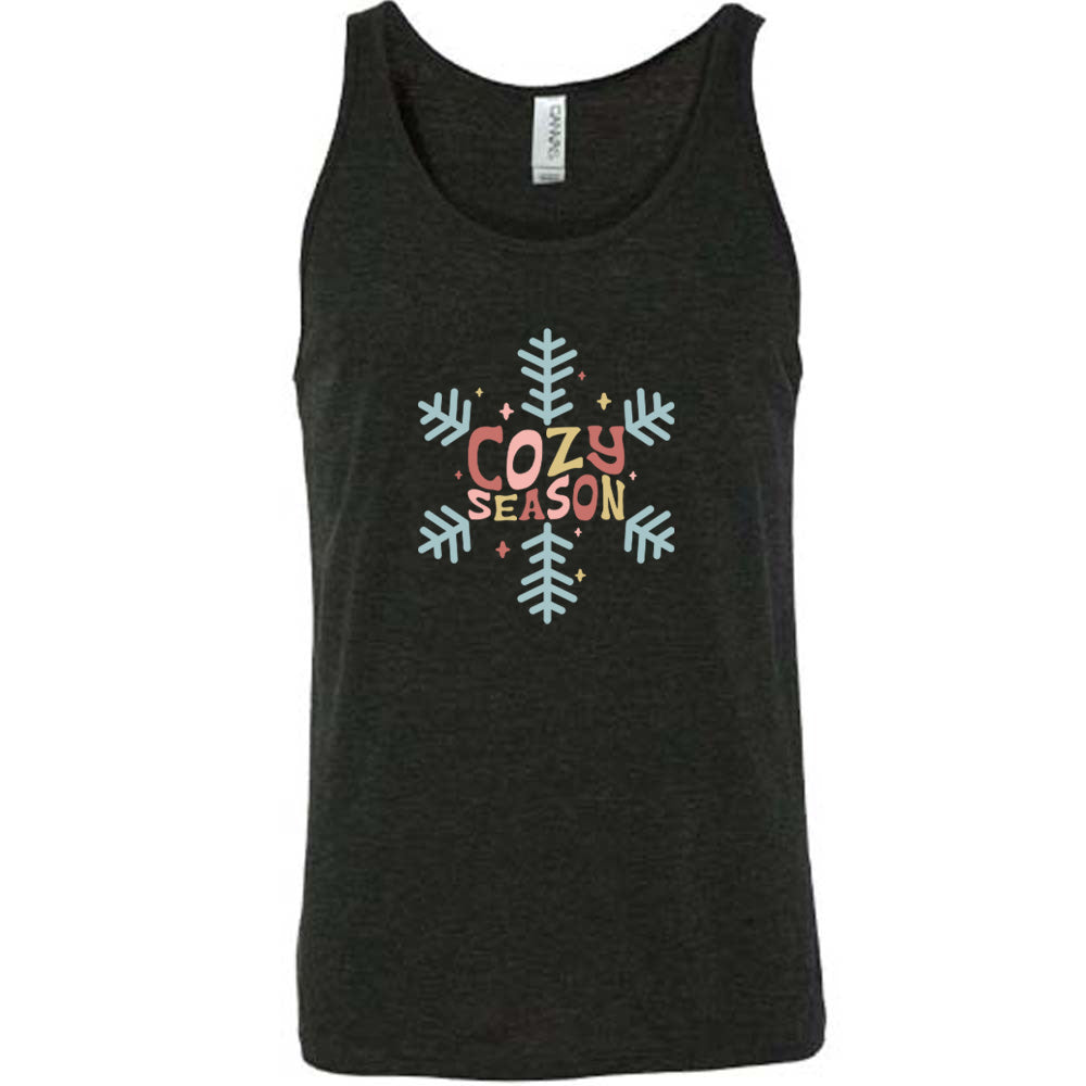 black shirt with the text "cozy season" on it with a snowflake graphic