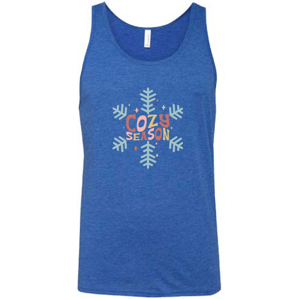 blue shirt with the text "cozy season" on it with a snowflake graphic