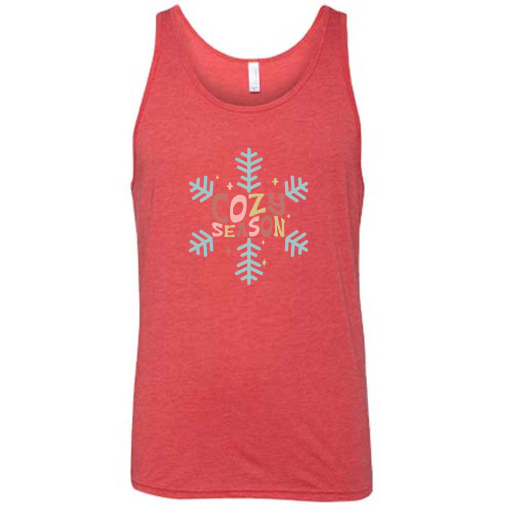 red shirt with the text "cozy season" on it with a snowflake graphic