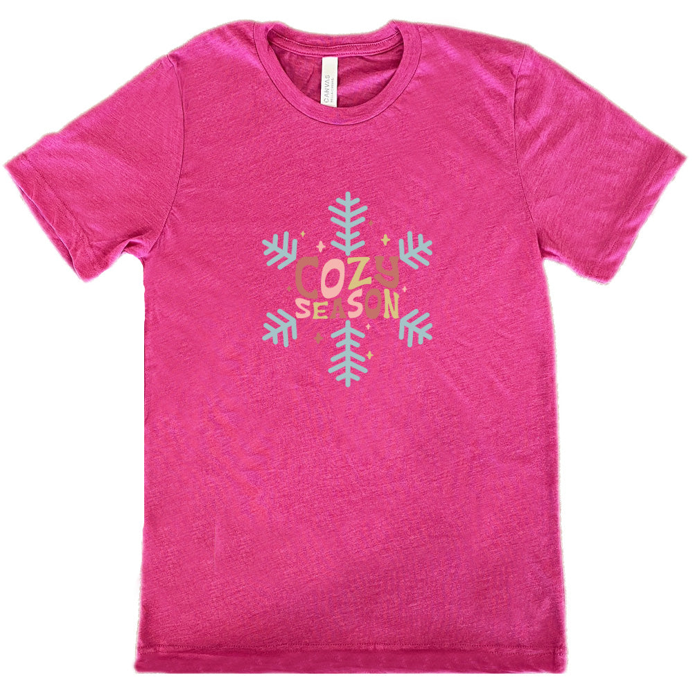 berry shirt with the text "cozy season" on it with a snowflake graphic