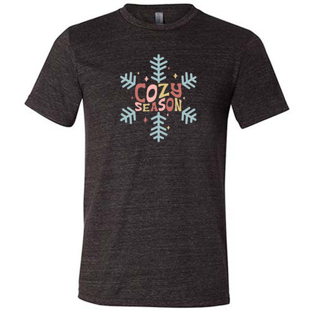 black shirt with the text "cozy season" on it with a snowflake graphic