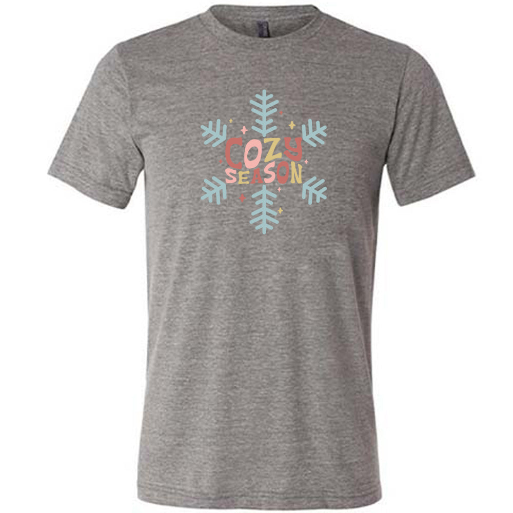 grey shirt with the text "cozy season" on it with a snowflake graphic