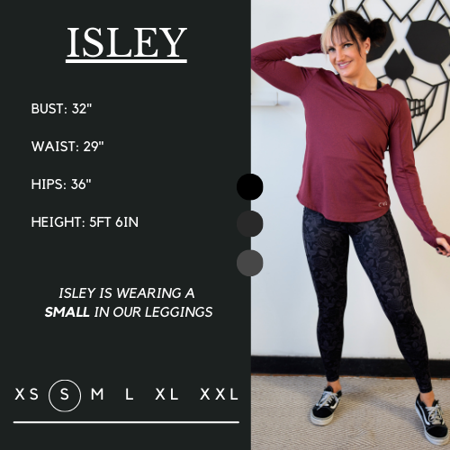 Model’s measurements of 32” bust, 29” waist, 36” hips and height of 5 ft 6 inches. She is wearing a size small in our leggings