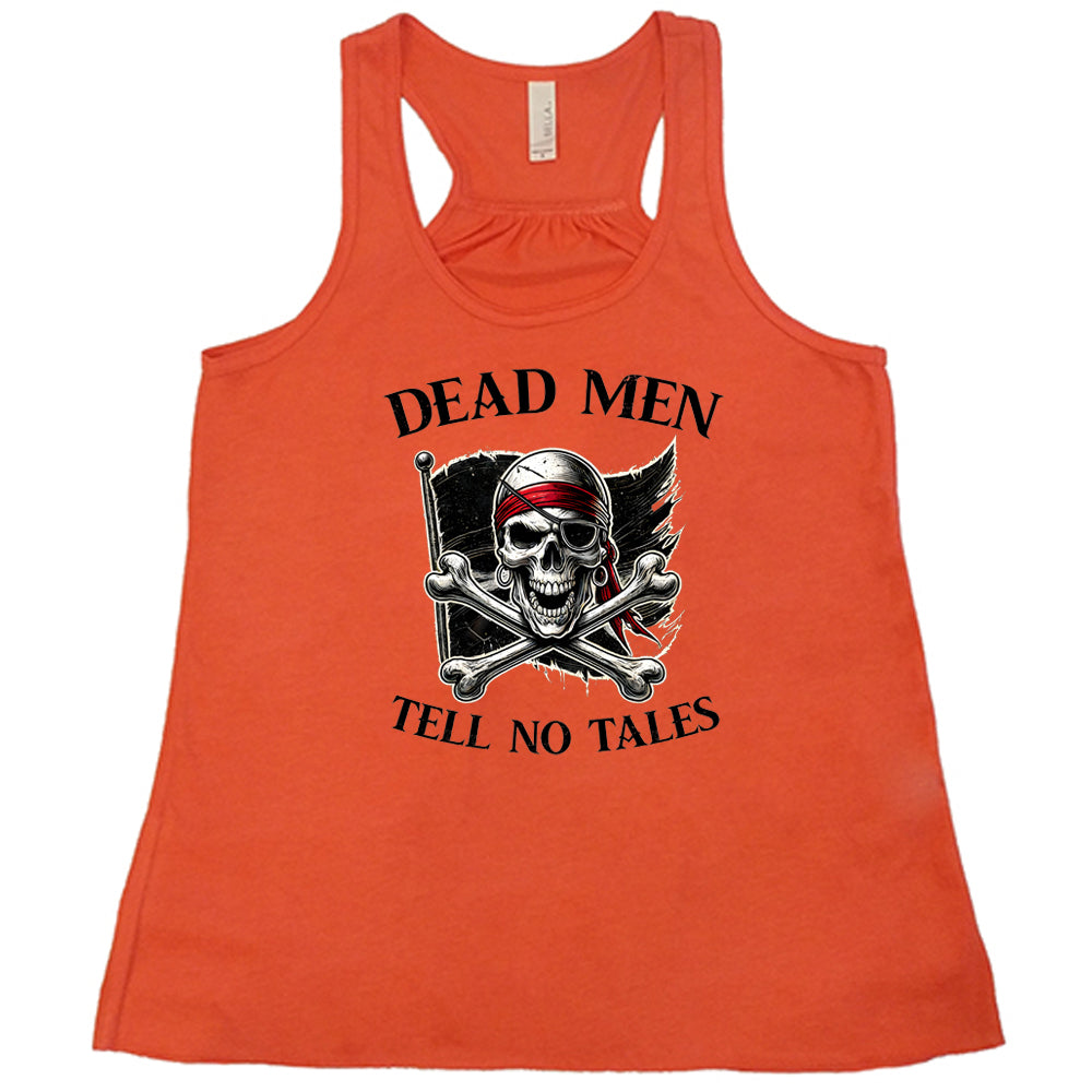 coral shirt with the text "Dead Men Tell No Tales" on it