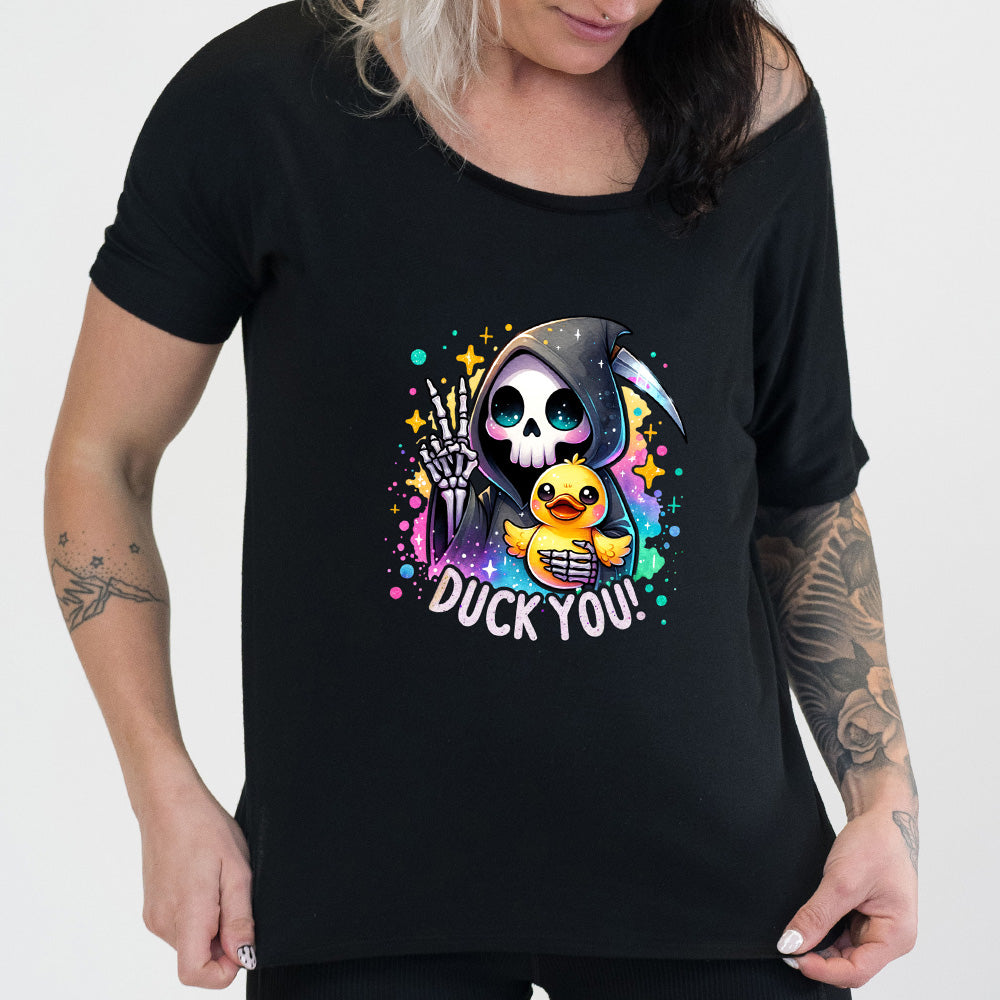 black slouchy shirt with the text "Duck You!" on it