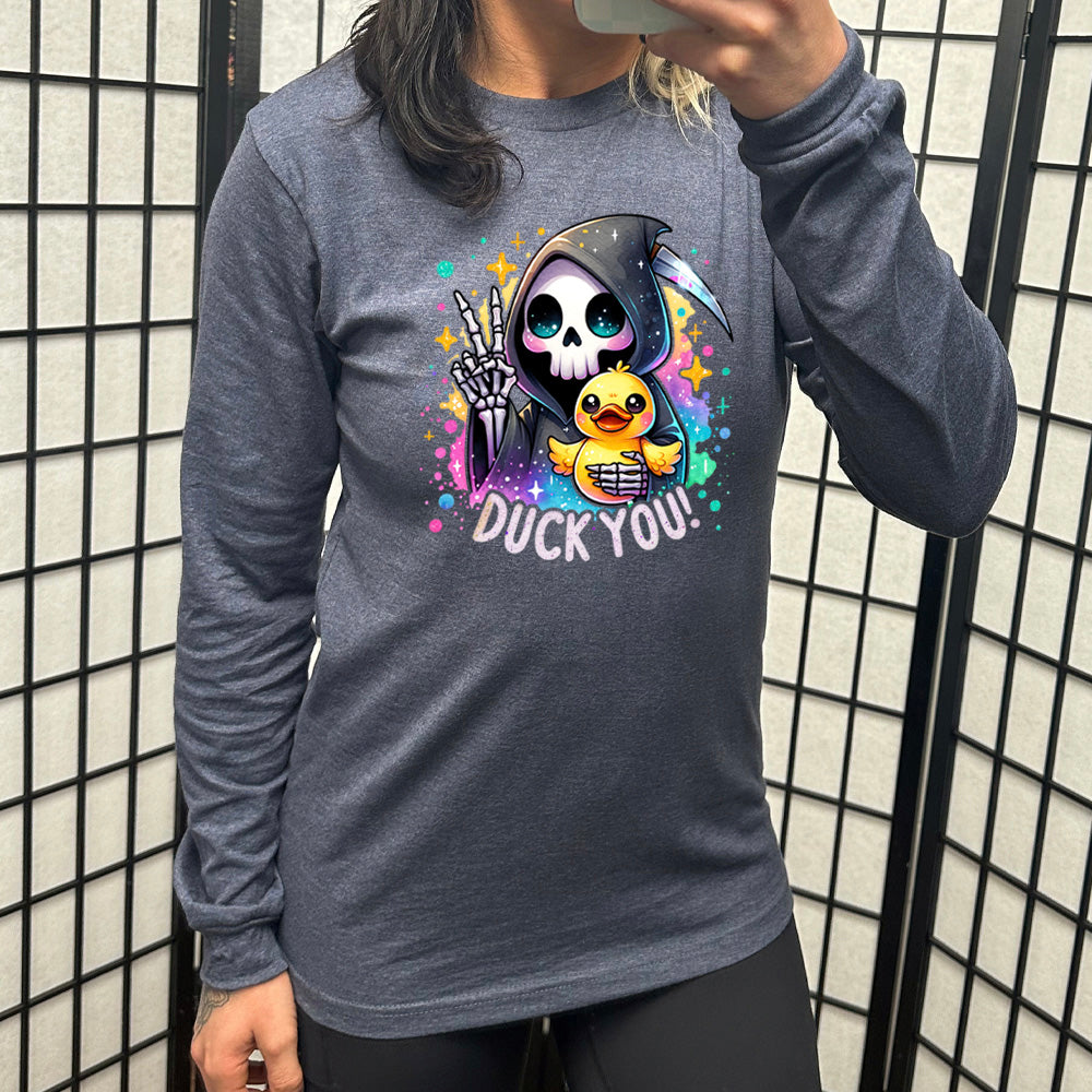 blue long sleeve tee with the text "Duck You!" on it