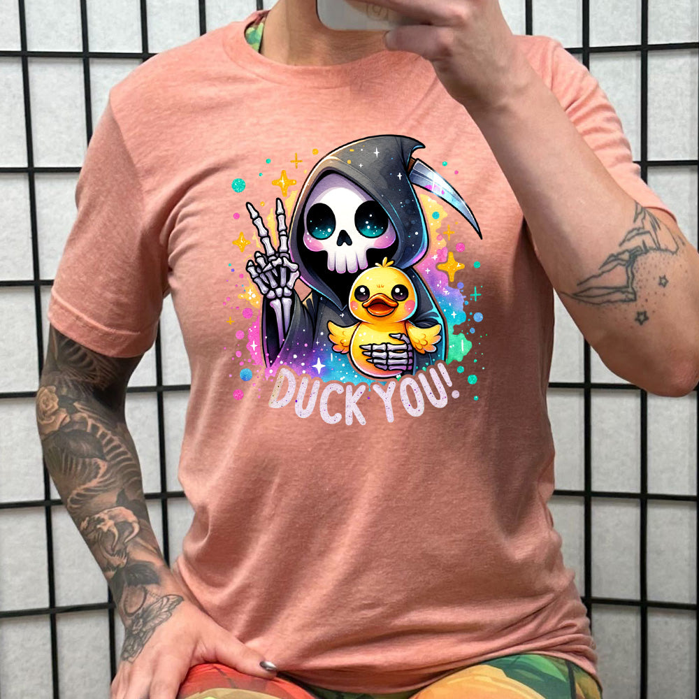 coral shirt with the text "Duck You!" on it