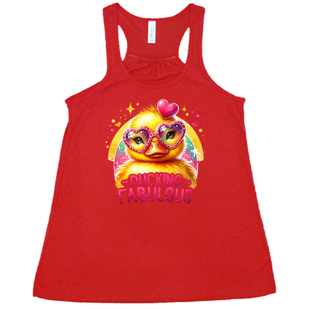 red shirt with the text "Ducking Fabulous" on it