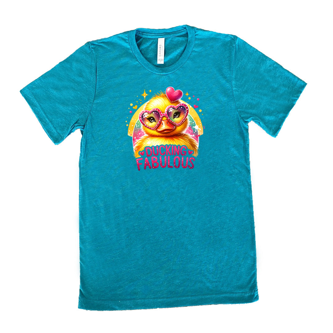 teal shirt with the text "Ducking Fabulous" on it