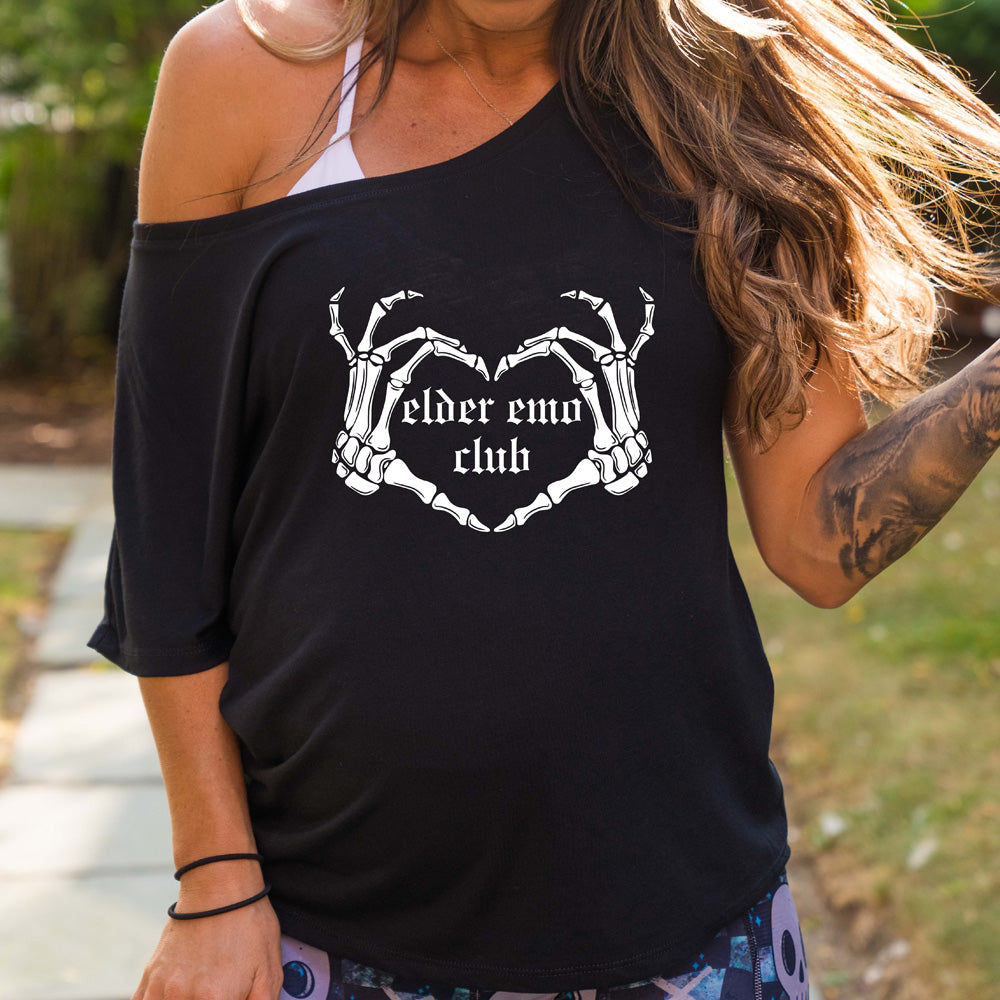 black slouchy shirt with the text "Elder Emo Club" on it