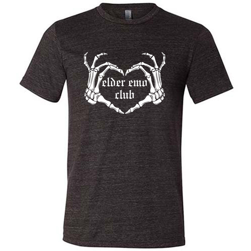 black shirt with the text "Elder Emo Club" on it