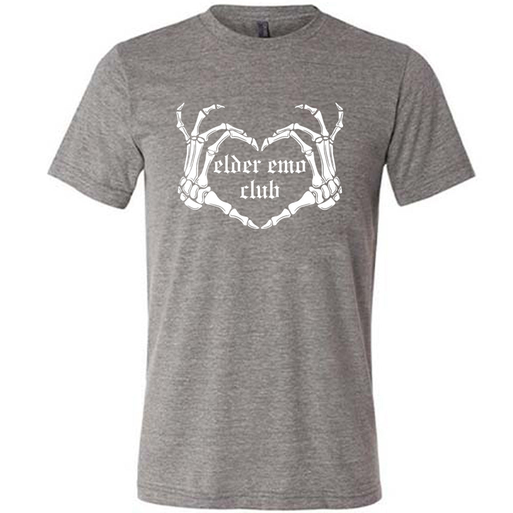 grey shirt with the text "Elder Emo Club" on it