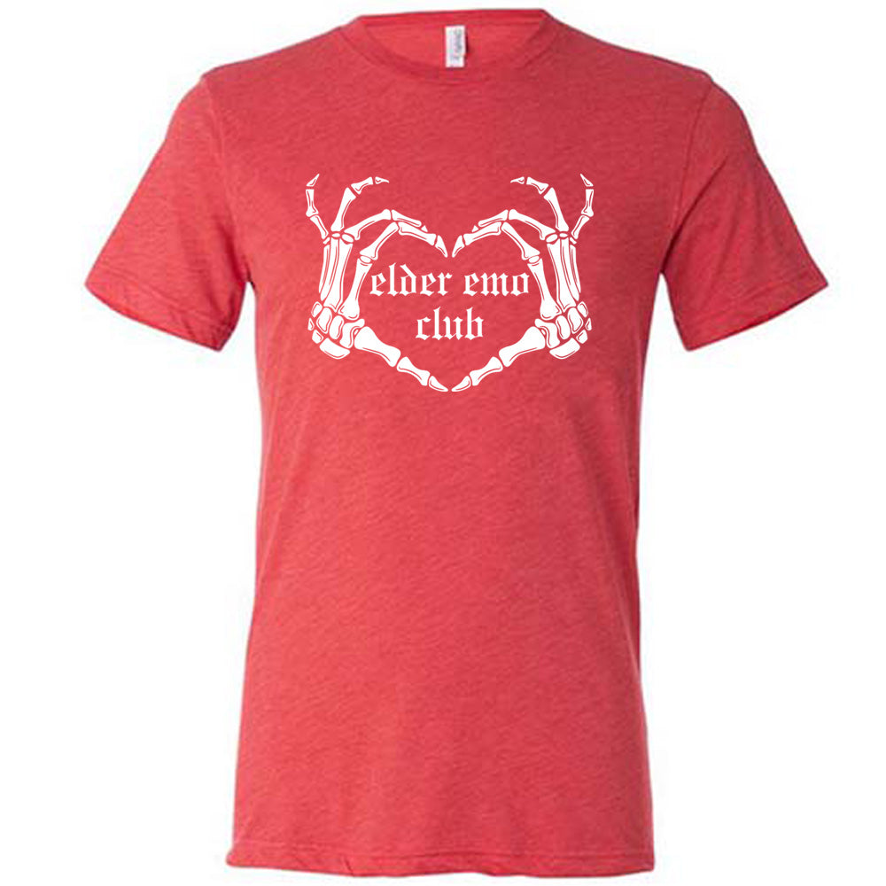 red shirt with the text "Elder Emo Club" on it