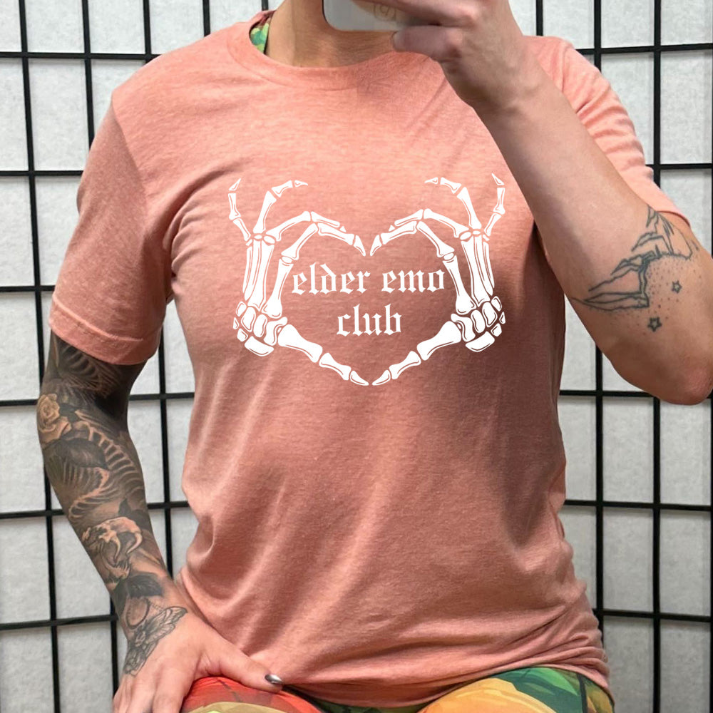 coral shirt with the text "Elder Emo Club" on it