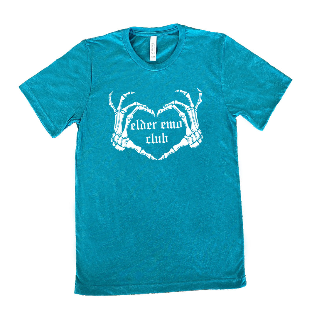 teal shirt with the text "Elder Emo Club" on it