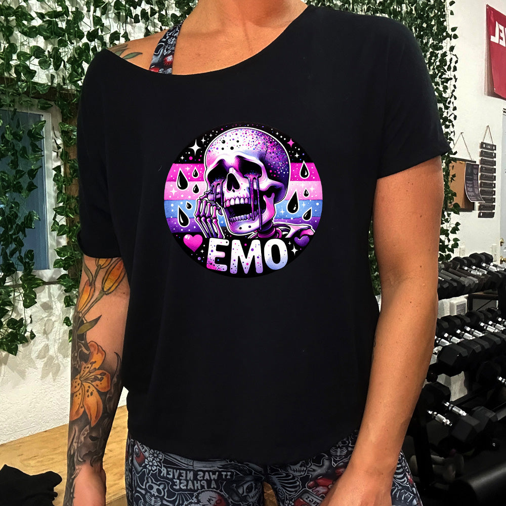 black slouchy shirt with a crying skeleton graphic on it