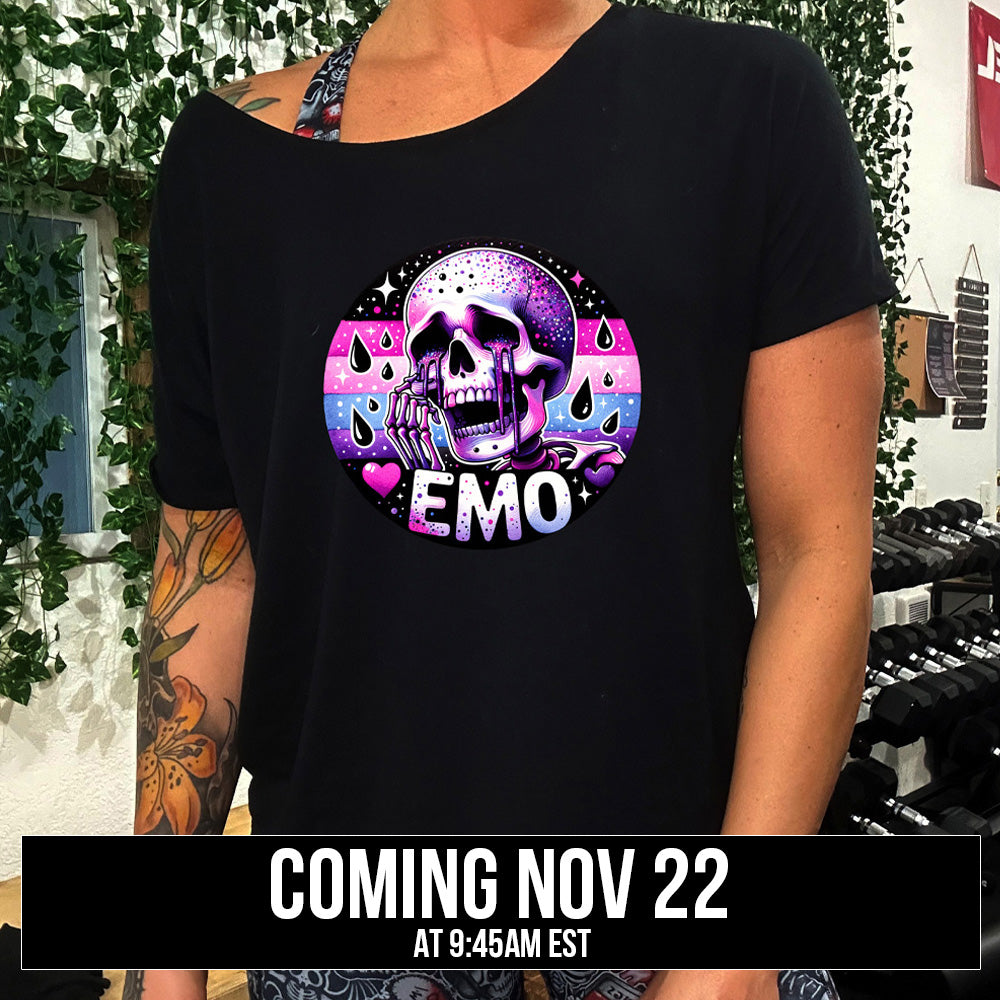 black slouchy shirt with a crying skeleton graphic on it coming soon