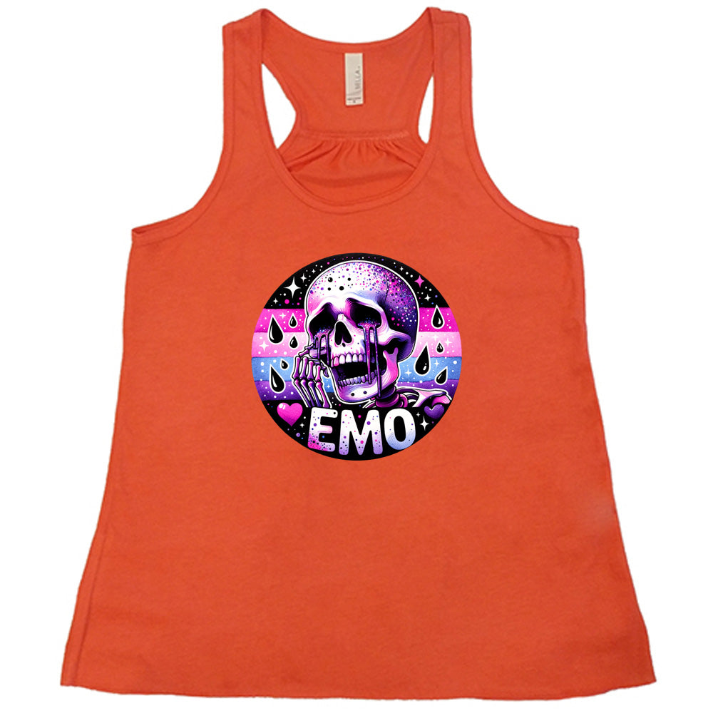 coral shirt with a crying skeleton graphic on it