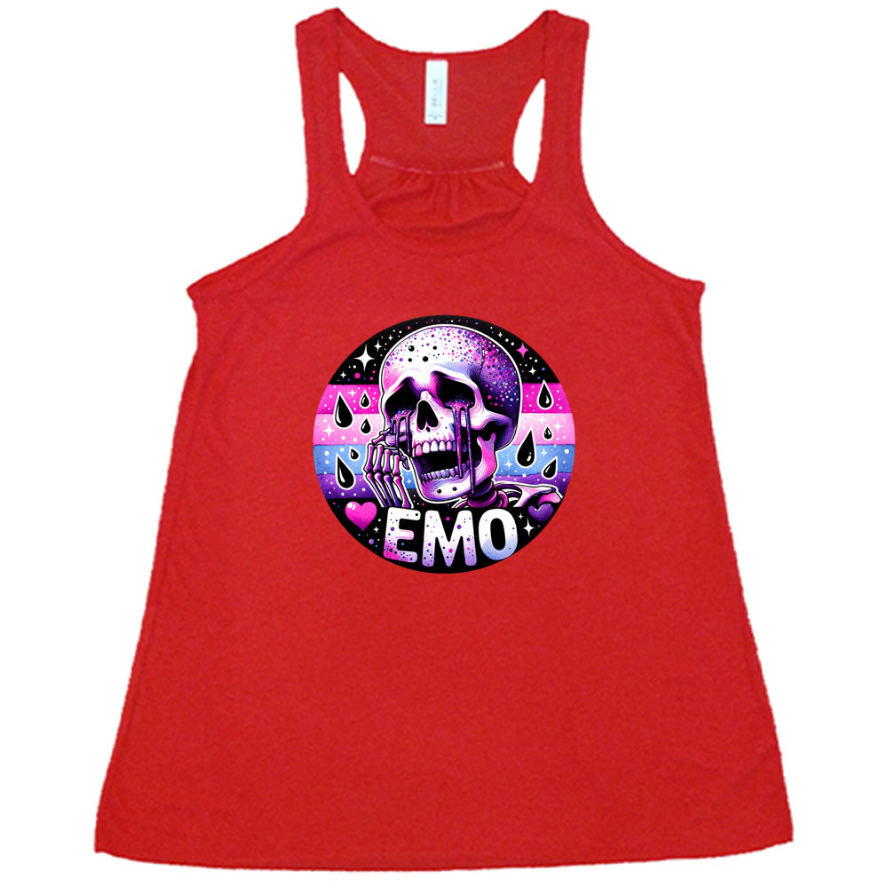 red shirt with a crying skeleton graphic on it