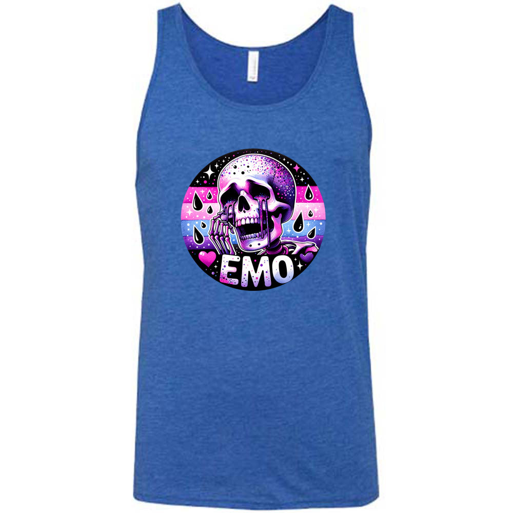 blue shirt with a crying skeleton graphic on it