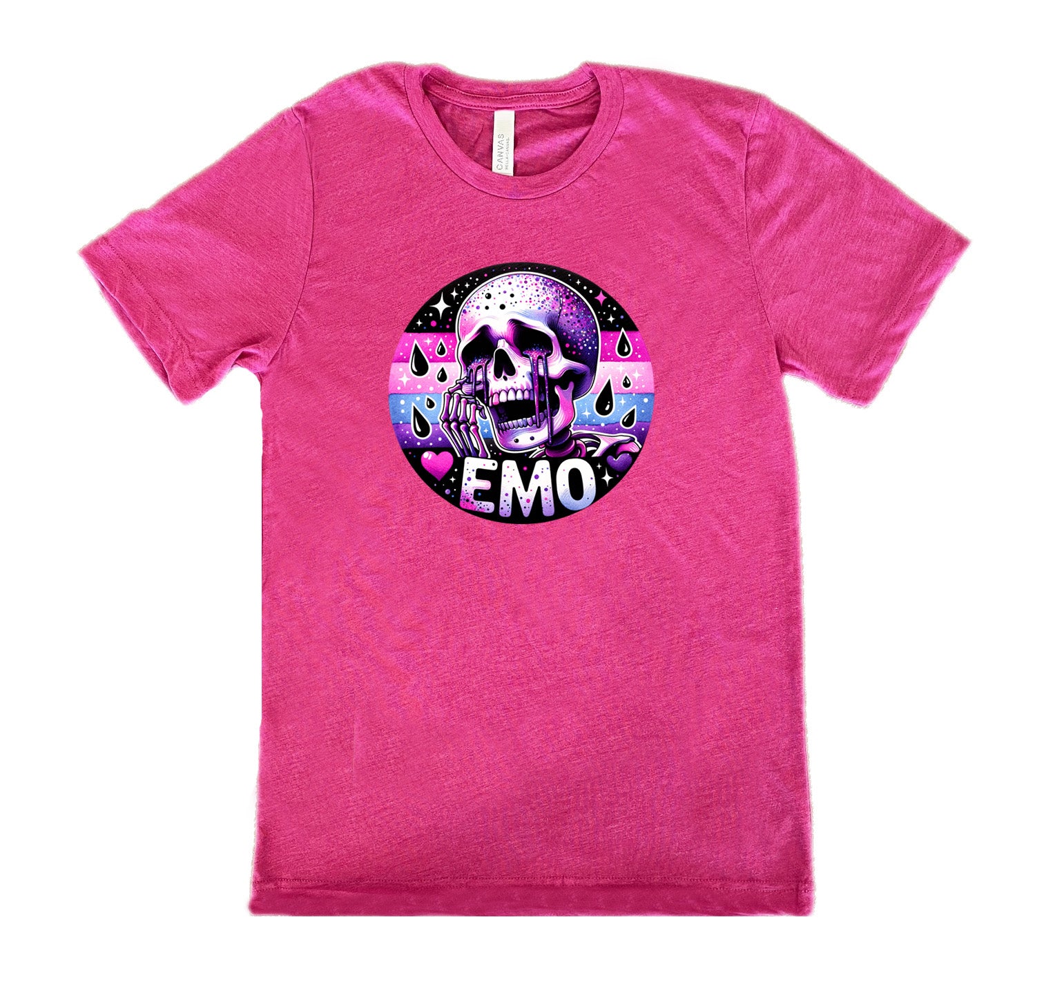 berry shirt with a crying skeleton graphic on it