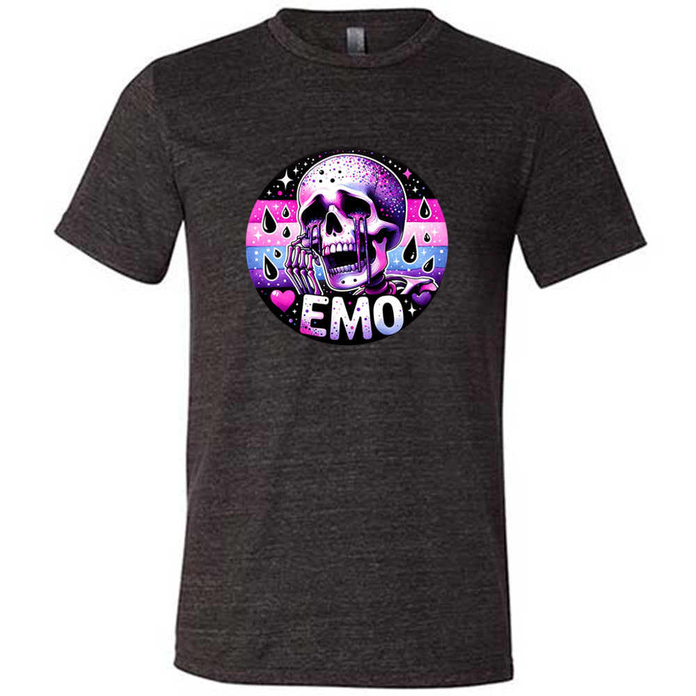 black shirt with a crying skeleton graphic on it