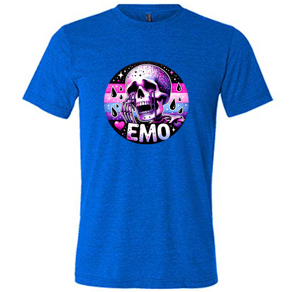 blue shirt with a crying skeleton graphic on it